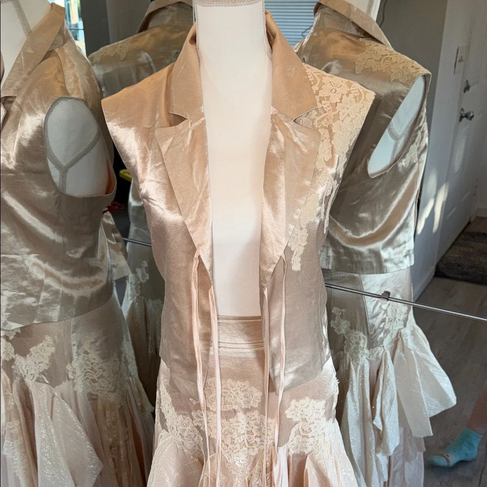 Free People Champagne Lace-Trim Asymmetrical Satin Dress - Picture 7 of 15